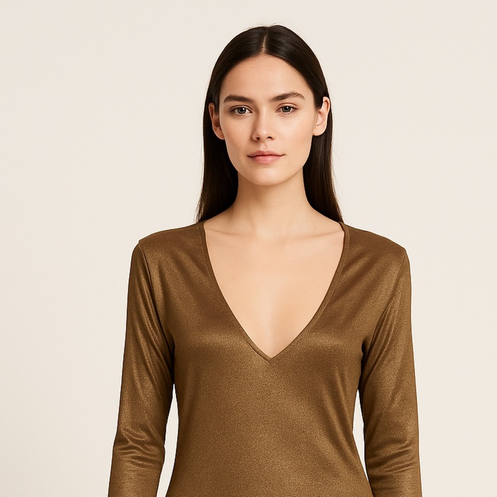 ZARA Woman Metallic Gold Long Sleeve Deep V-Neck Blouse– Size S